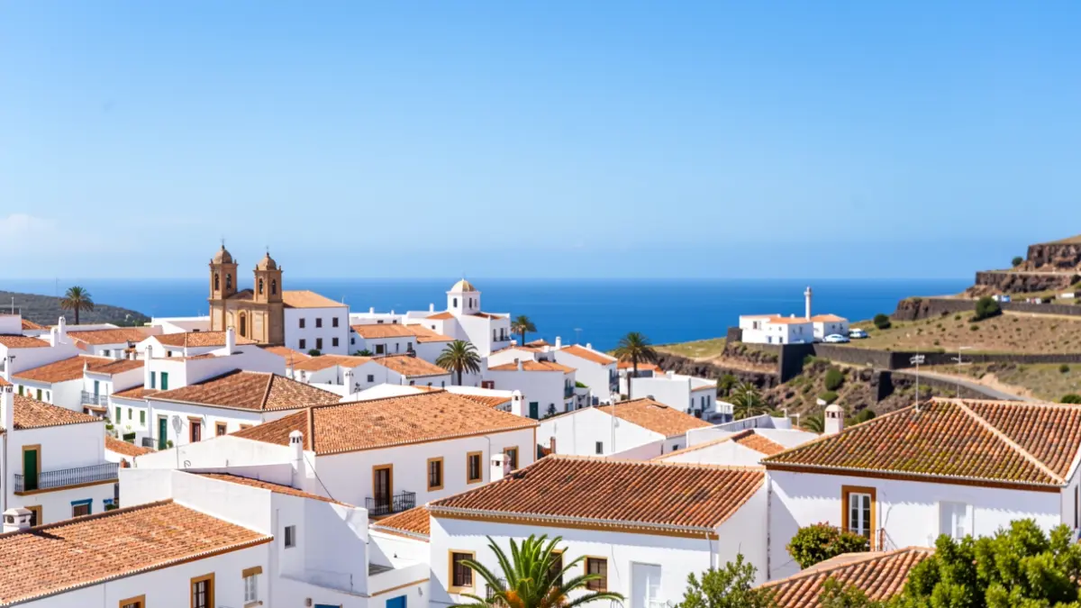 Sunny sky over Santa María de Guía de Gran Canaria with traditional architecture.