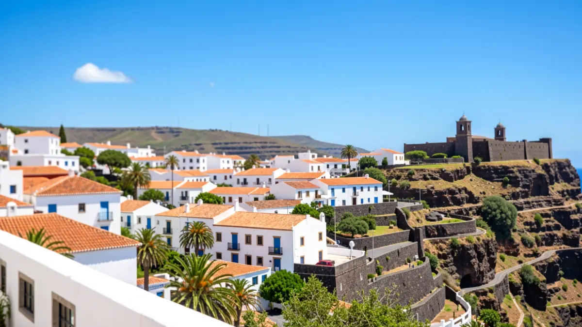 Sunny sky over Teror, Gran Canaria, with traditional architecture.