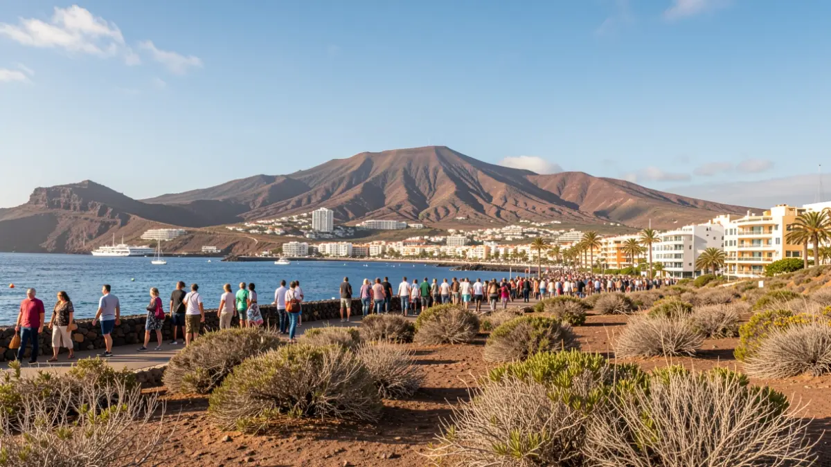 Cielo soleado sobre una localidad costera de Canarias con paisaje volcánico al fondo.