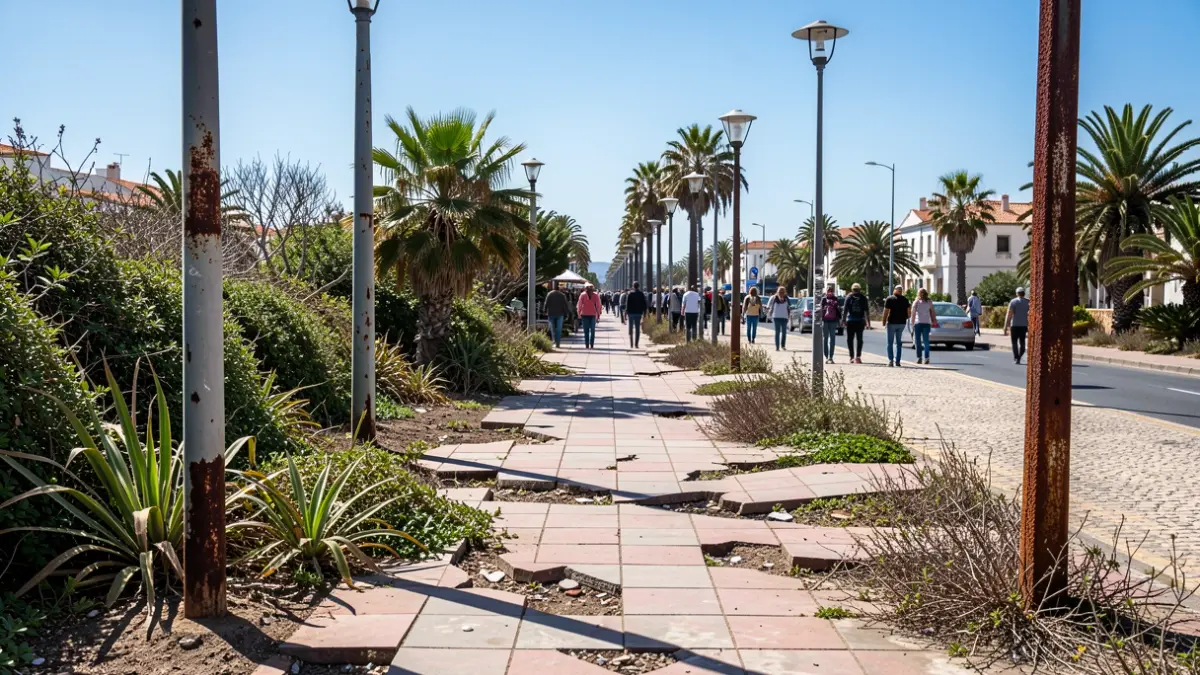 Imagen de un paseo peatonal deteriorado en Playa de Las Américas, Arona, con baldosas rotas y vegetación descuidada.