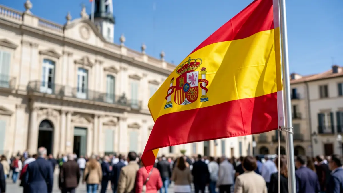 Bandera de España ondeando frente a la fachada de un ayuntamiento.