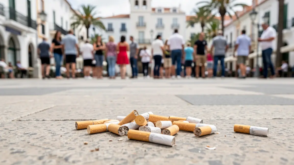 Primer plano de colillas recogidas sobre una superficie limpia, con el fondo difuminado de una plaza de Puerto del Rosario.