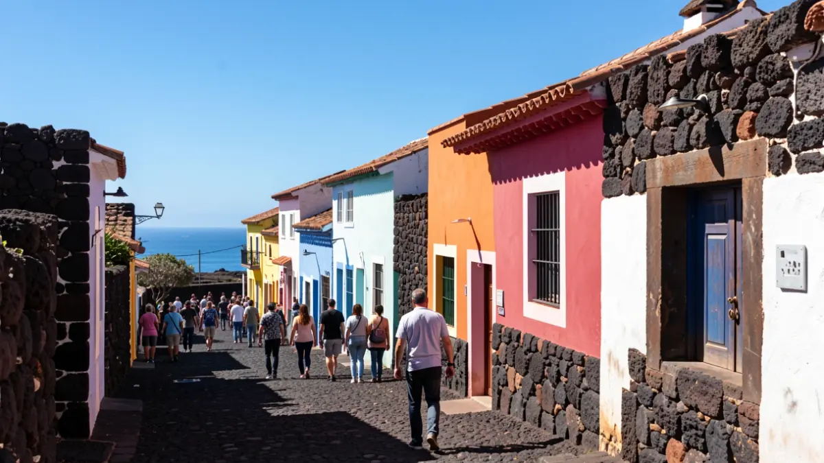 Fachada tradicional de Punta Mujeres, Lanzarote, con detalles arquitectónicos volcánicos y el mar al fondo.