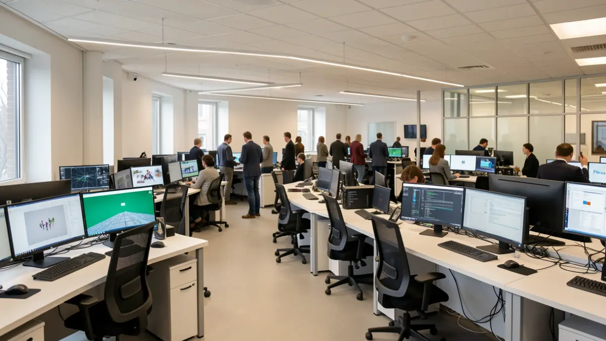 Generic image of a modern training classroom with workstations.