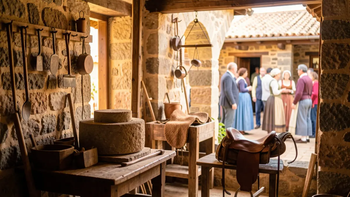 Interior de la Casa Museo del Campesino en Lanzarote, mostrando herramientas agrícolas tradicionales y mobiliario rústico.