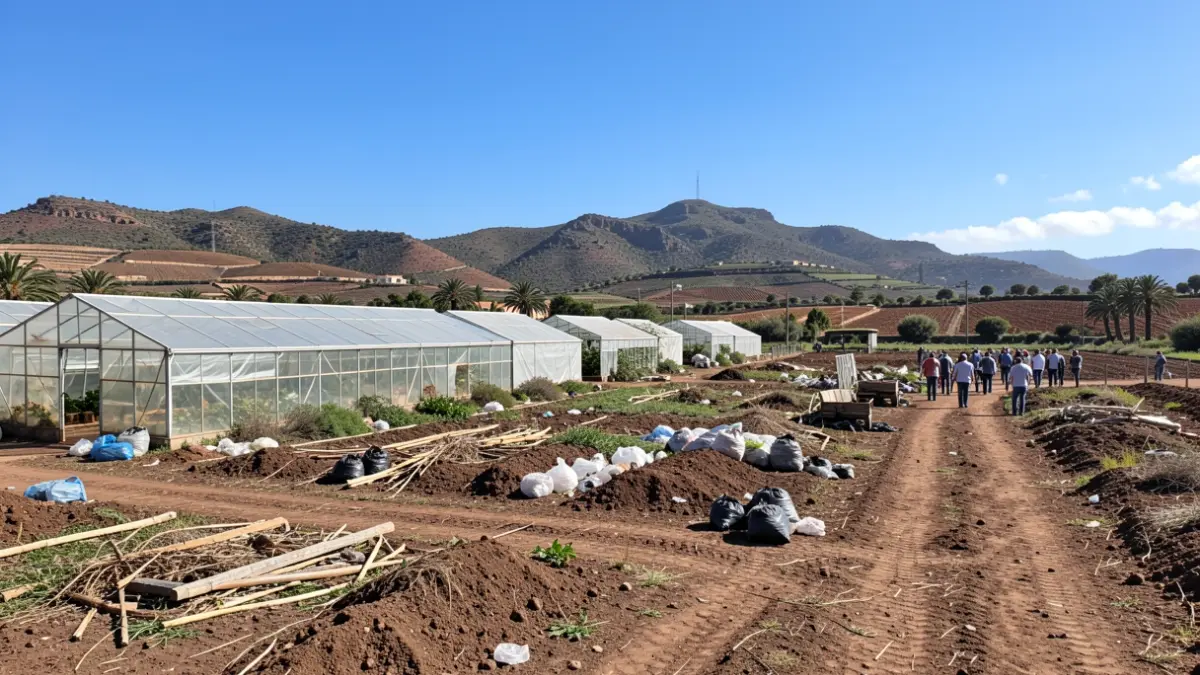 Imagen de trabajos de limpieza y recuperación de paisaje rural en invernaderos abandonados en Gran Canaria.
