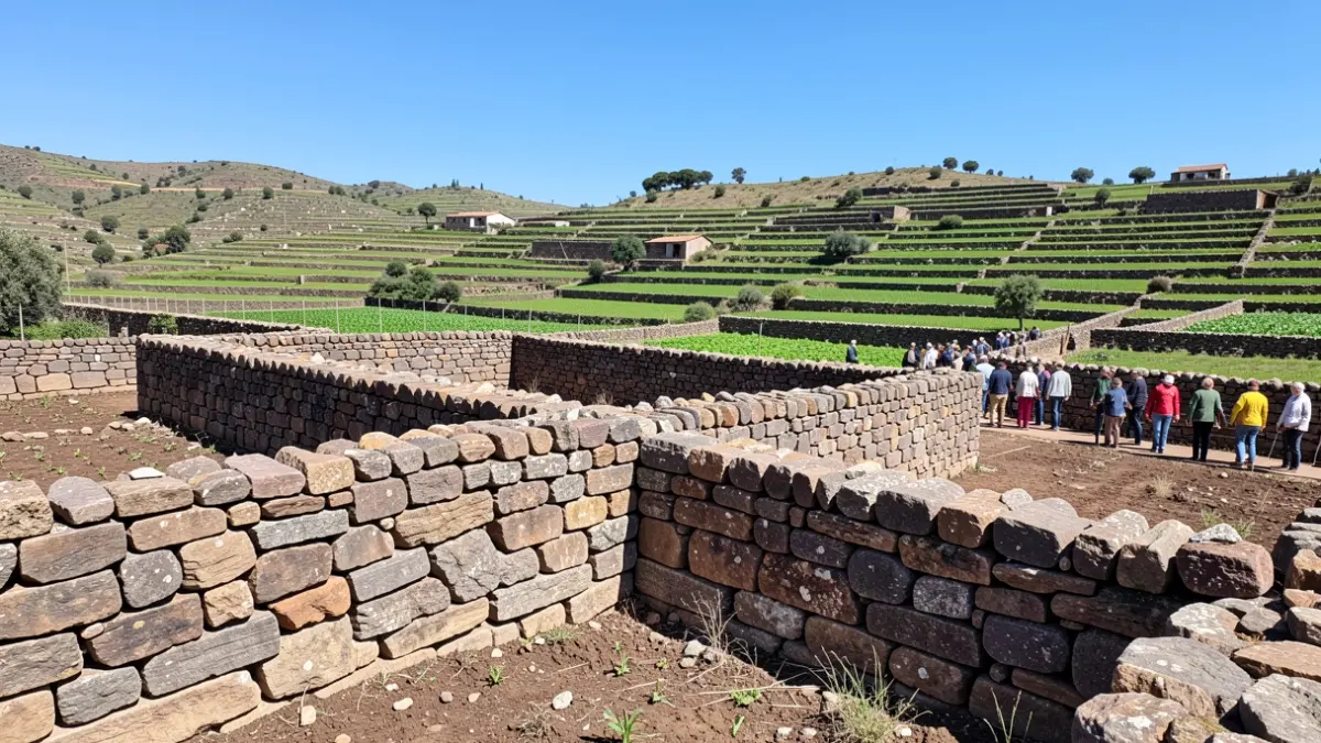 Image of a reconstructed traditional dry-stone wall in Artenara, Gran Canaria, with agricultural terraces.