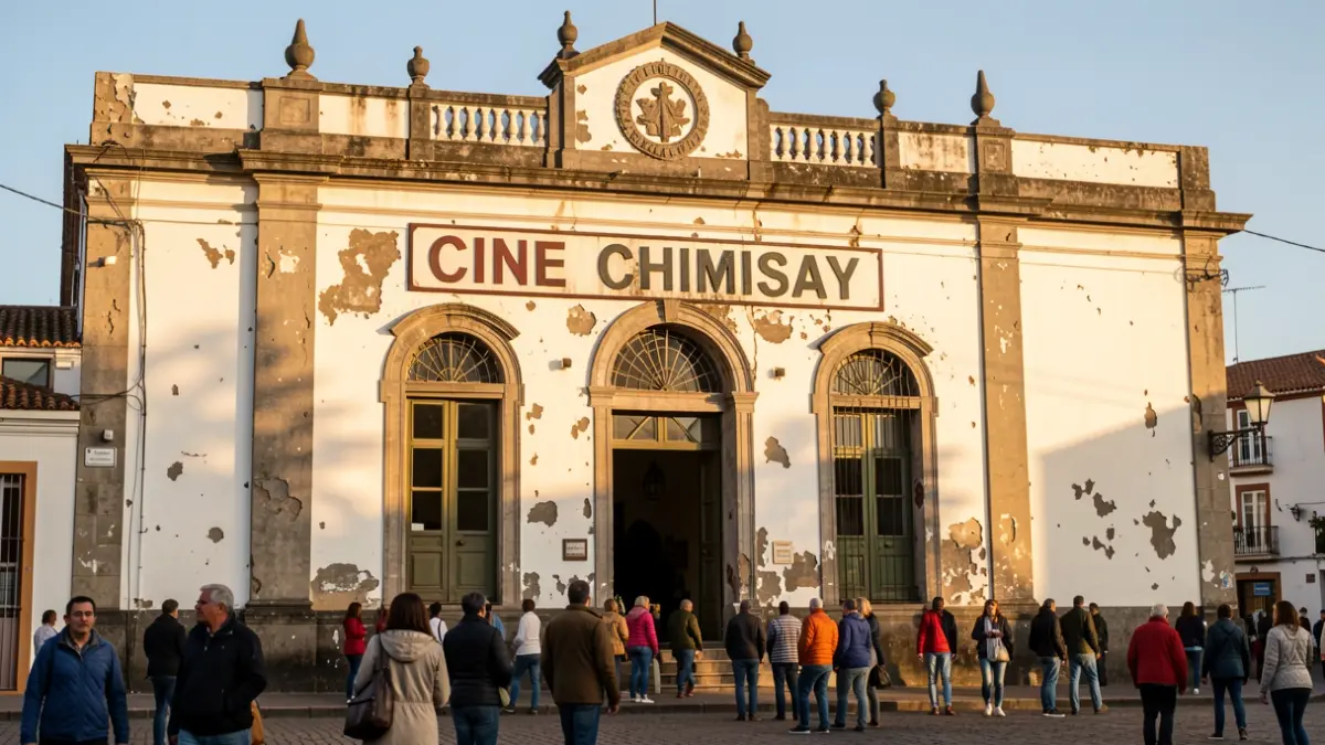 Facade of the historic 'Cine Chimisay' in Puerto de la Cruz, Tenerife, showing signs of disrepair but with architectural character.