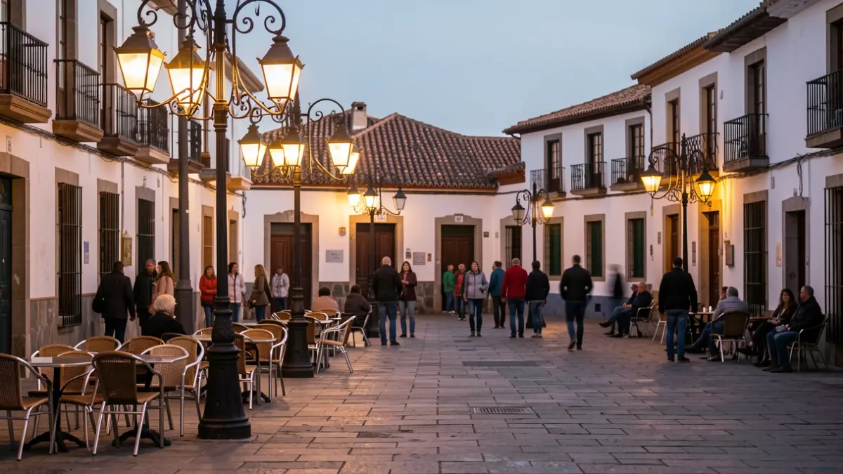 Imagen genérica de una plaza de pueblo canario al atardecer con farolas encendidas y arquitectura tradicional.