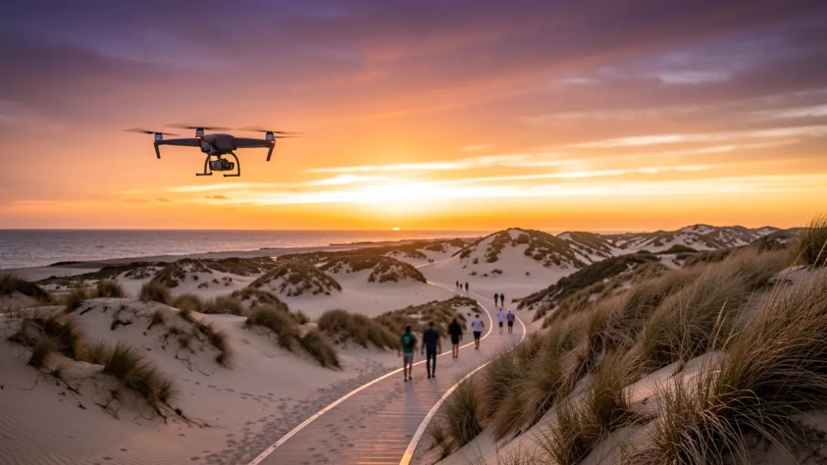 Imagen de las Dunas de Maspalomas al atardecer con un dron sobrevolando y turistas en los senderos.