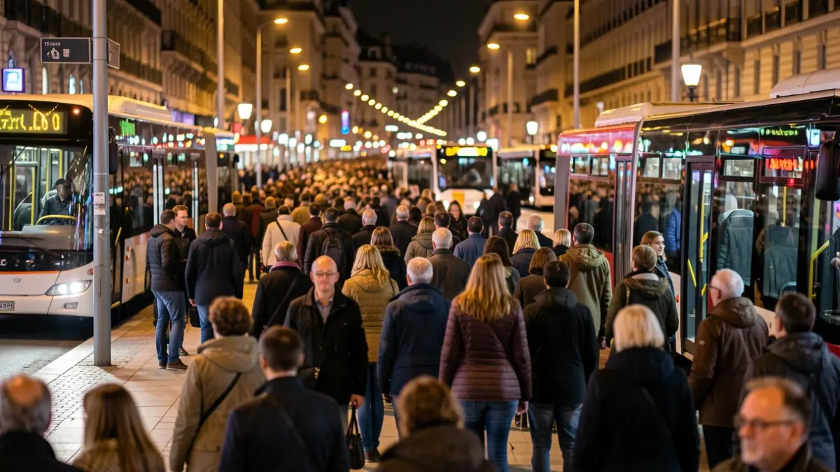 Generic image of a busy night bus stop, indicating public transport for a mass event.