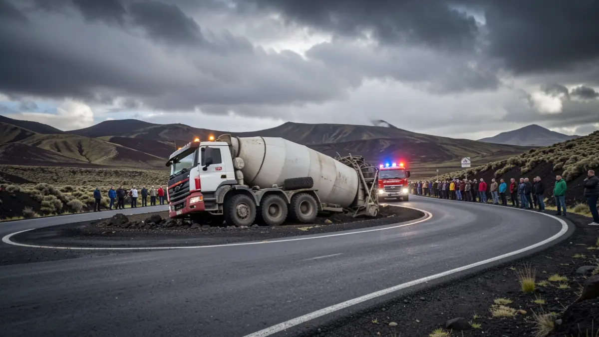 Camión hormigonera volcado en una rotonda de Lajares, Fuerteventura, con luces de emergencia.