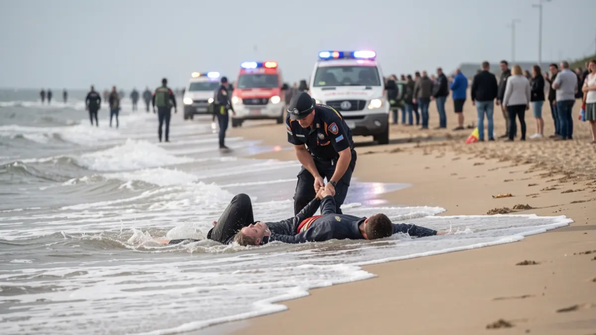 Generic image of a beach rescue with lifeguards and emergency lights.