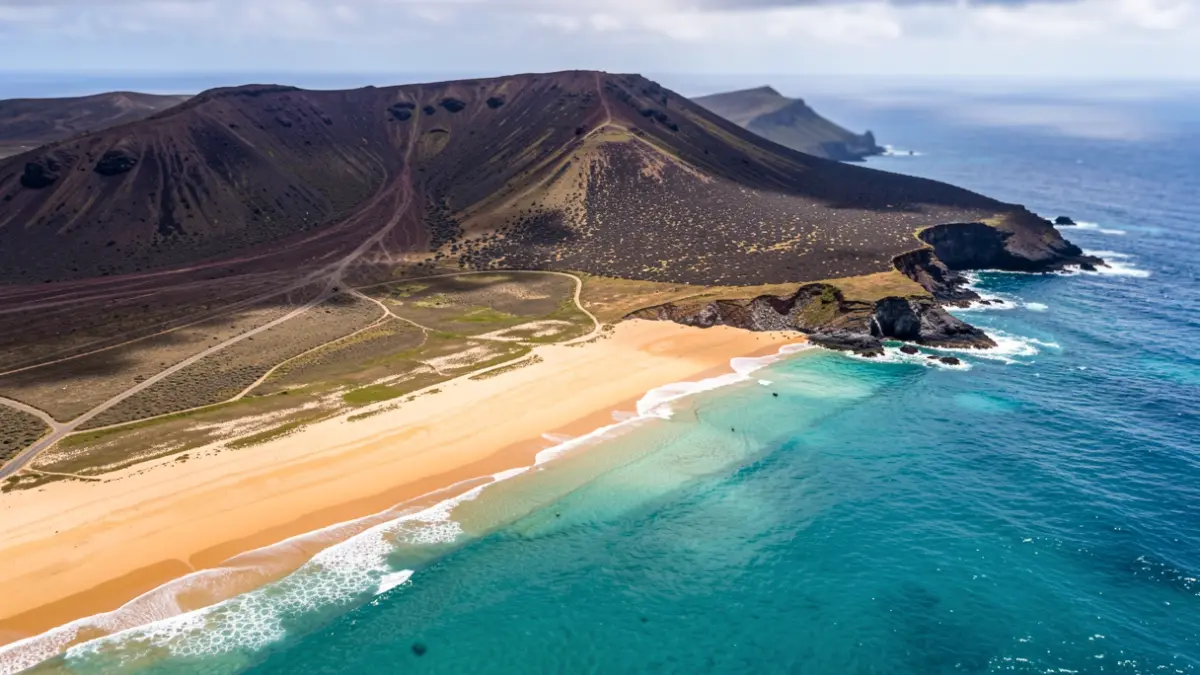 Vista aérea de una costa volcánica de una isla con una playa apartada y aguas turquesas.