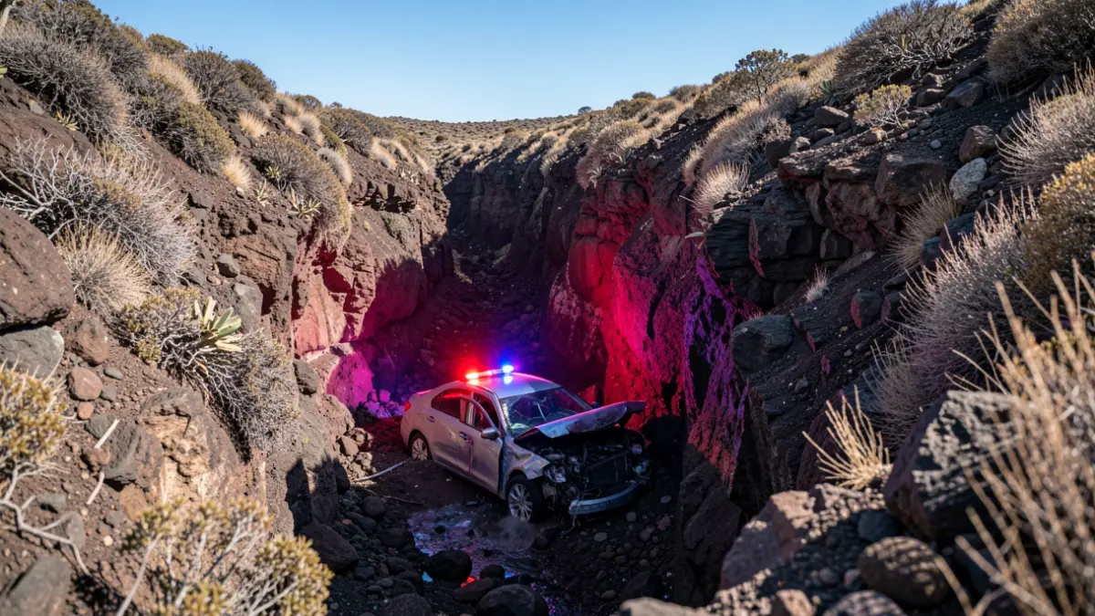 Vehículo accidentado en el fondo de un barranco en Tenerife, con luces de emergencia.