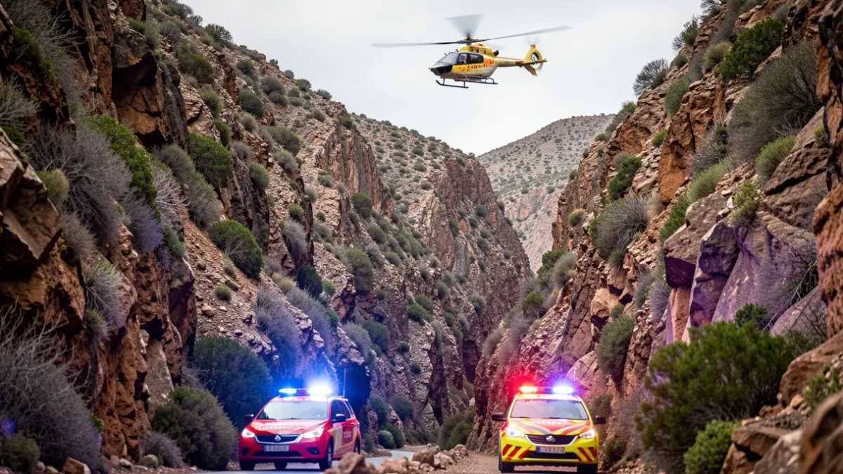 Rescue helicopter over a ravine in Gran Canaria with emergency lights.