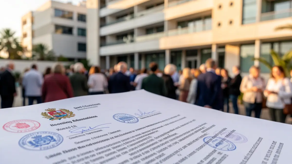 Imagen genérica de un documento legal con sellos oficiales y un edificio gubernamental al fondo.
