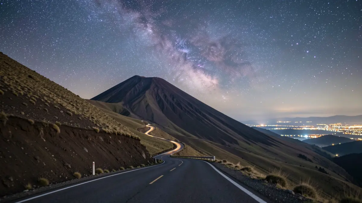 Imagen genérica de una carretera volcánica bajo un cielo estrellado.