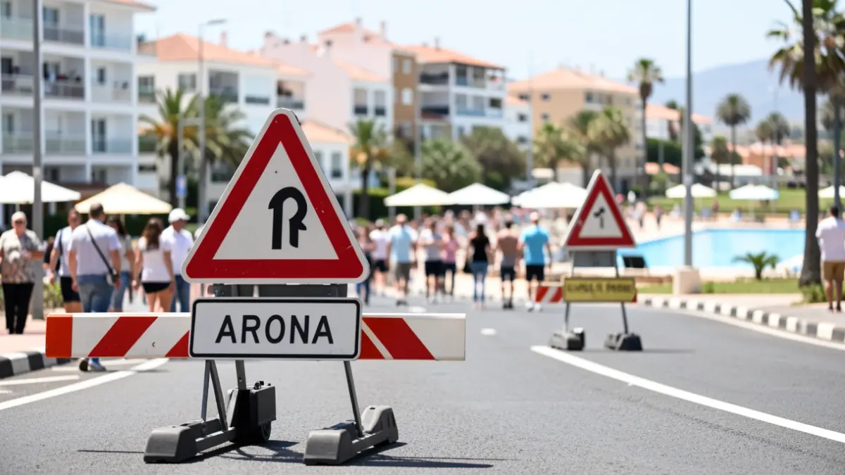 Image of traffic signs and barriers on a street in Arona, Tenerife, with municipal buildings and swimming pools in the background.