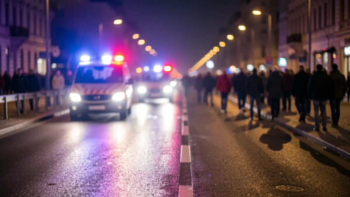 Luces de emergencia borrosas reflejándose en el asfalto mojado por la noche.
