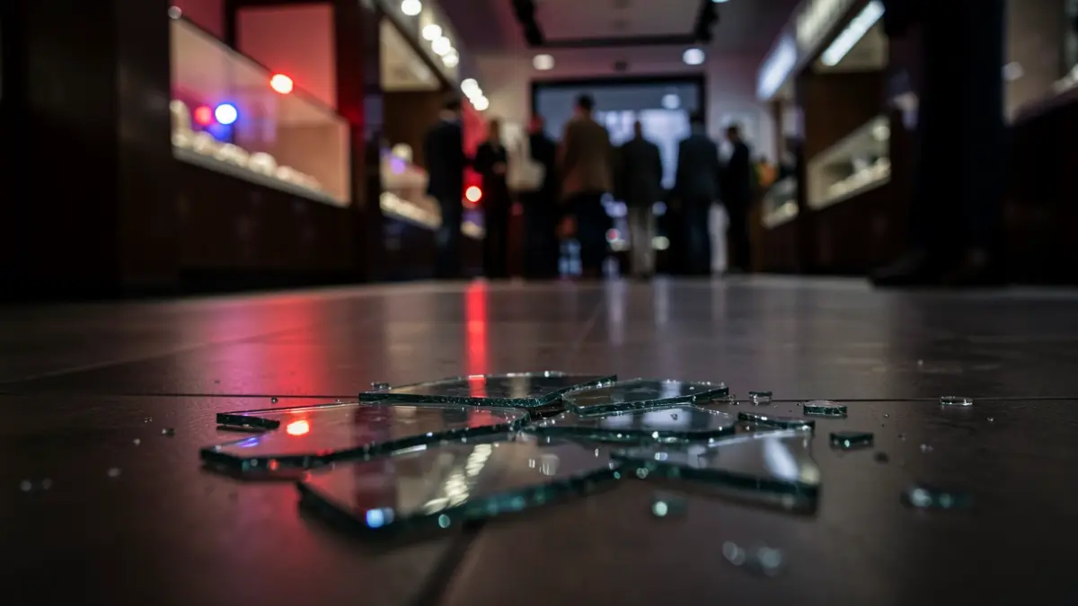 Imagen genérica de cristales rotos en el suelo de una joyería con luces de emergencia.