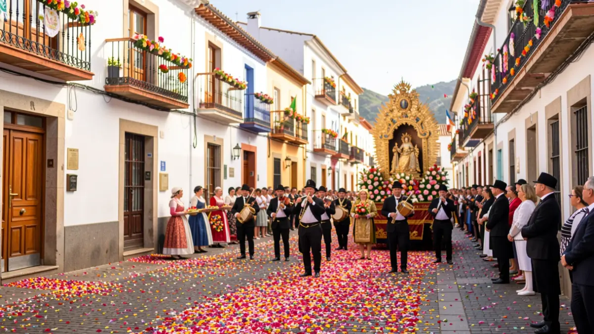 Canarian town square during a patron saint festival with flower petals and a procession.