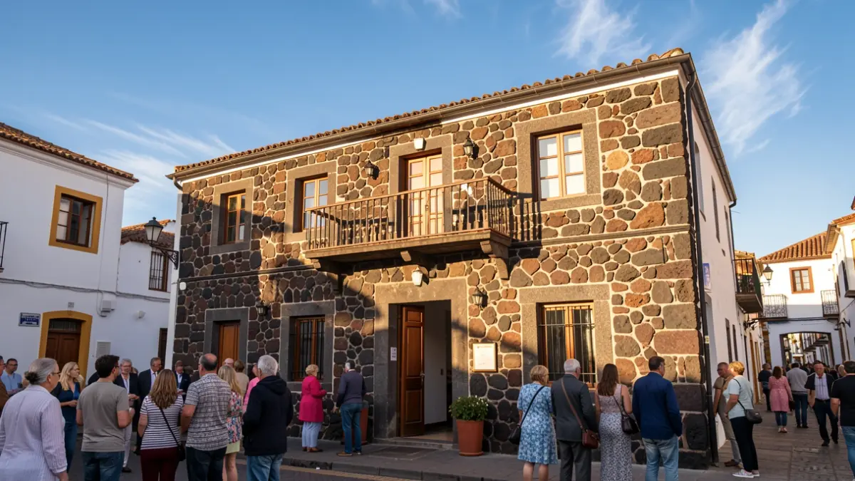 Fachada de un ayuntamiento canario con arquitectura tradicional y balcón, bajo la luz del sol de la tarde.