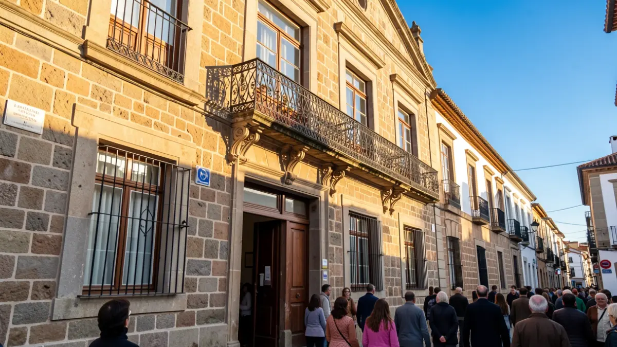 Stone facade of a Canary Islands institutional building with a wrought iron balcony under sunlight.