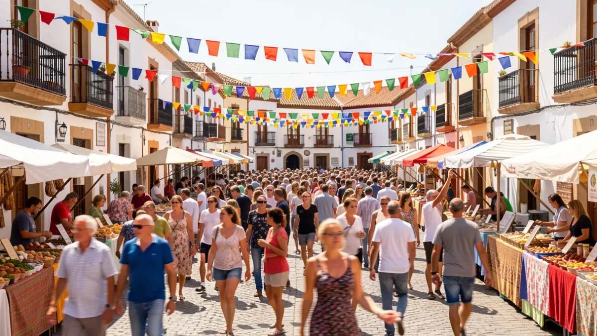 Generic image of a commercial festival in a Canarian square with people and stalls.