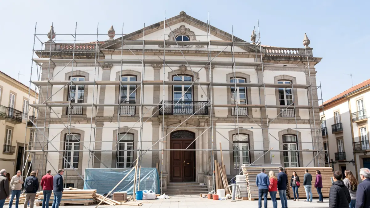 Facade of the old La Inmaculada residence in San Sebastián de La Gomera undergoing renovation.