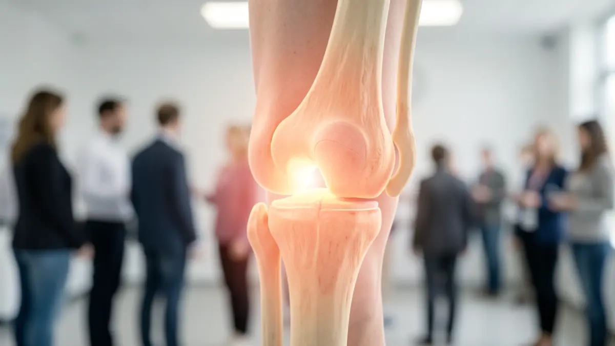 Imagen abstracta de una rodilla con inflamación sutil, enfocada en la estructura articular con luz difusa.