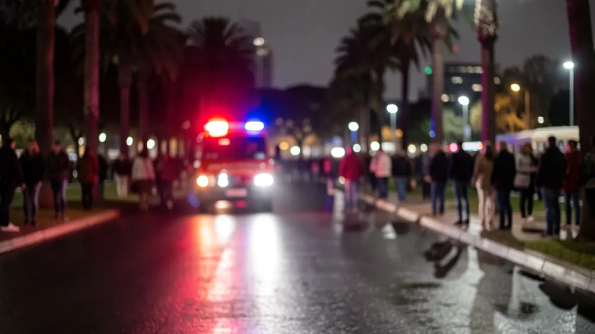 Generic image of emergency lights reflecting on wet asphalt at night.