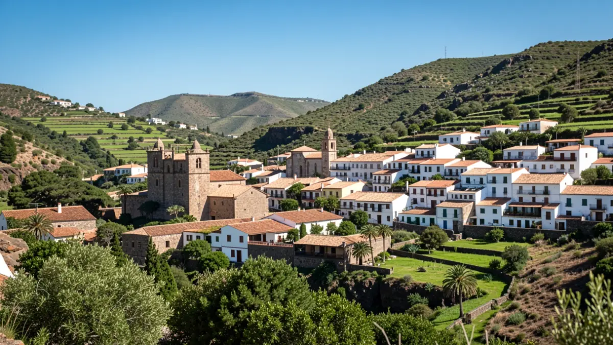 Vista panorámica del municipio de Santa Brígida en Gran Canaria, mostrando su arquitectura tradicional y entorno natural.