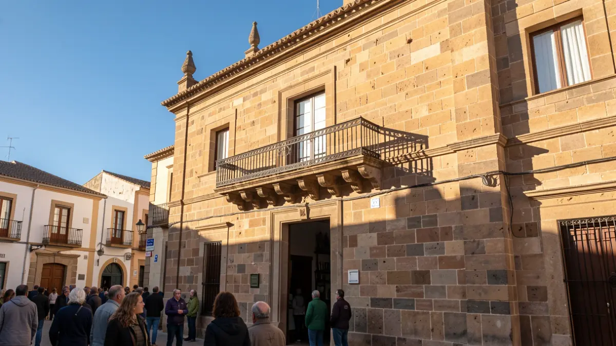 Facade of the Santa Brígida Town Hall with balcony and iron railings, under the afternoon sunlight.