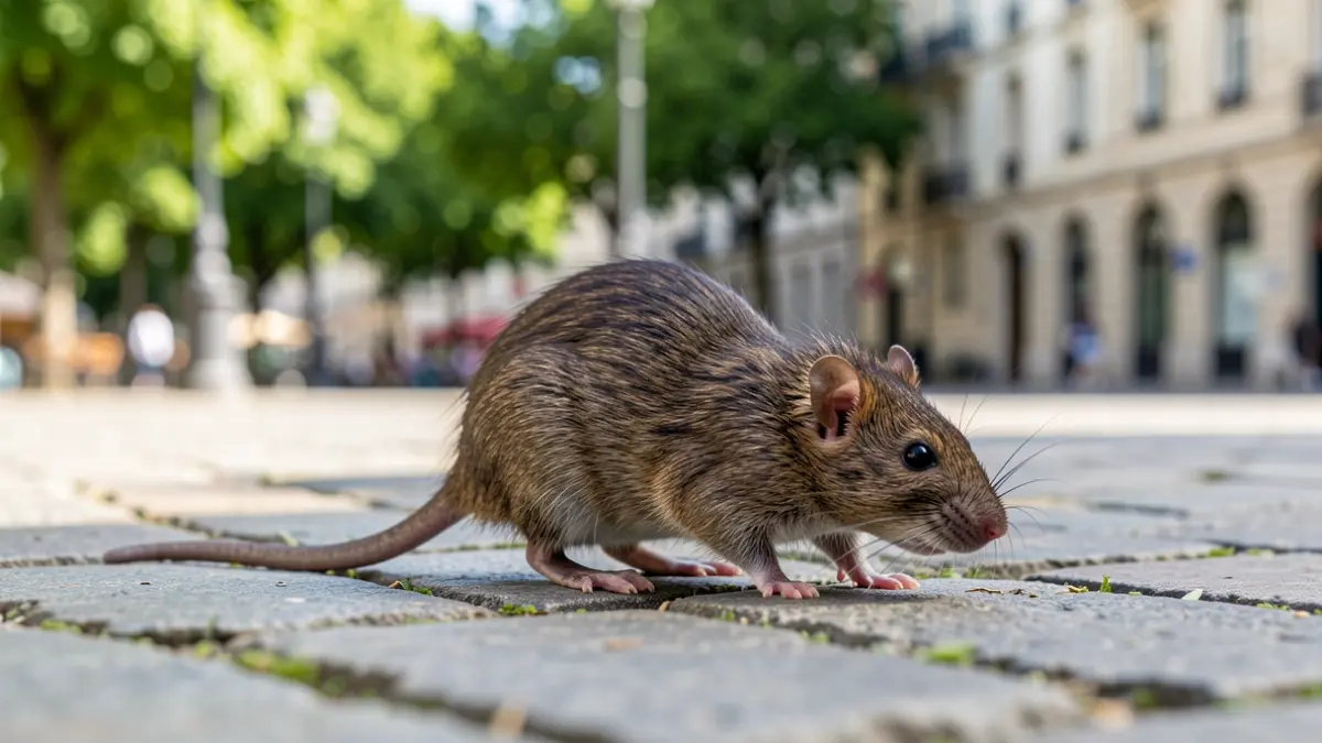 Primer plano de una rata corriendo por una plaza pública empedrada a mediodía, con vegetación y arquitectura urbana desenfocada al fondo.