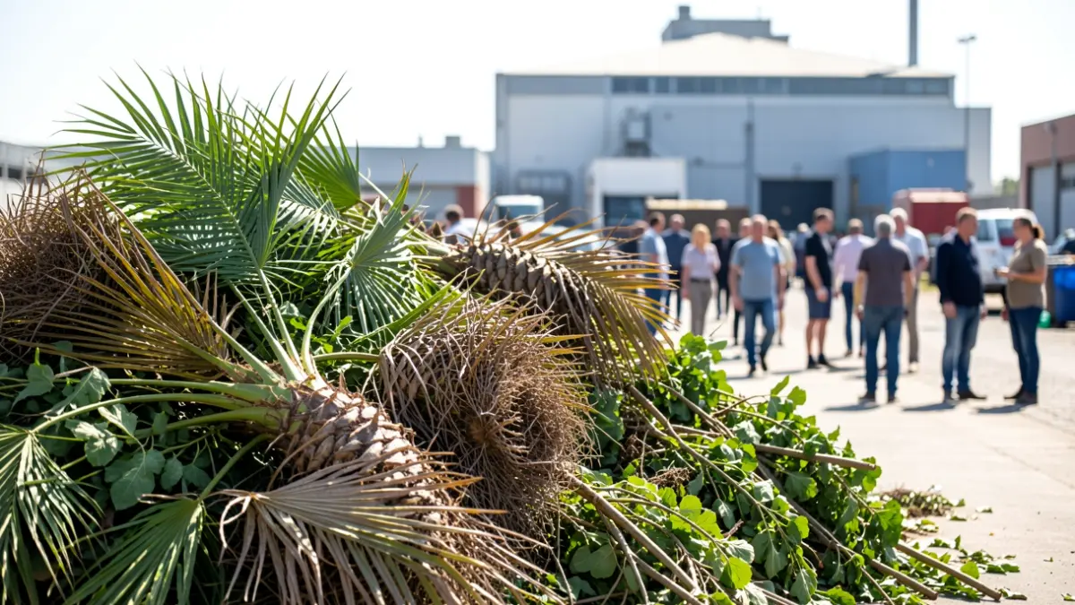 Imagen genérica de restos de poda de palmera en una zona de reciclaje industrial.