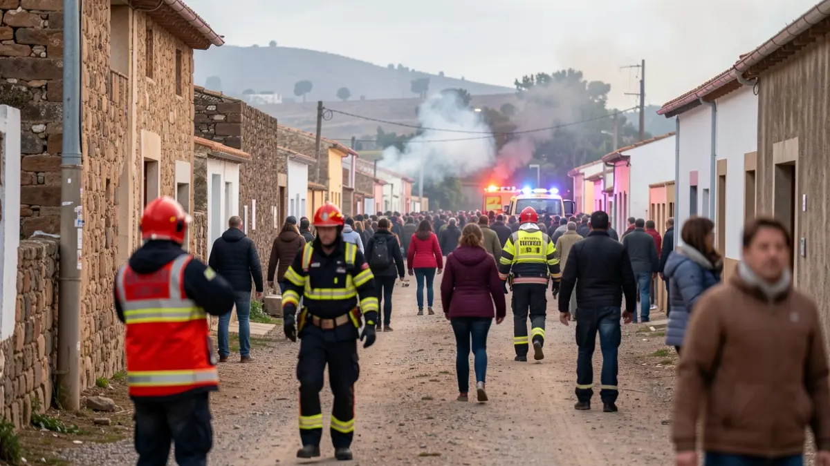 Imagen genérica de un simulacro de emergencia en un entorno rural de Canarias, con personal de emergencias y vecinos practicando evacuaciones.