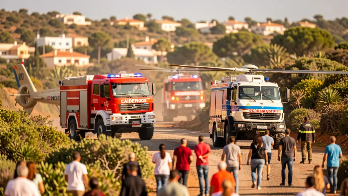 Simulated forest fire exercise in Caideros, Gáldar, featuring emergency vehicles and a helicopter.