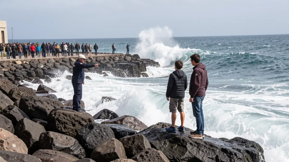 Socorrista advierte a jóvenes sobre el fuerte oleaje en Playa Jardín.