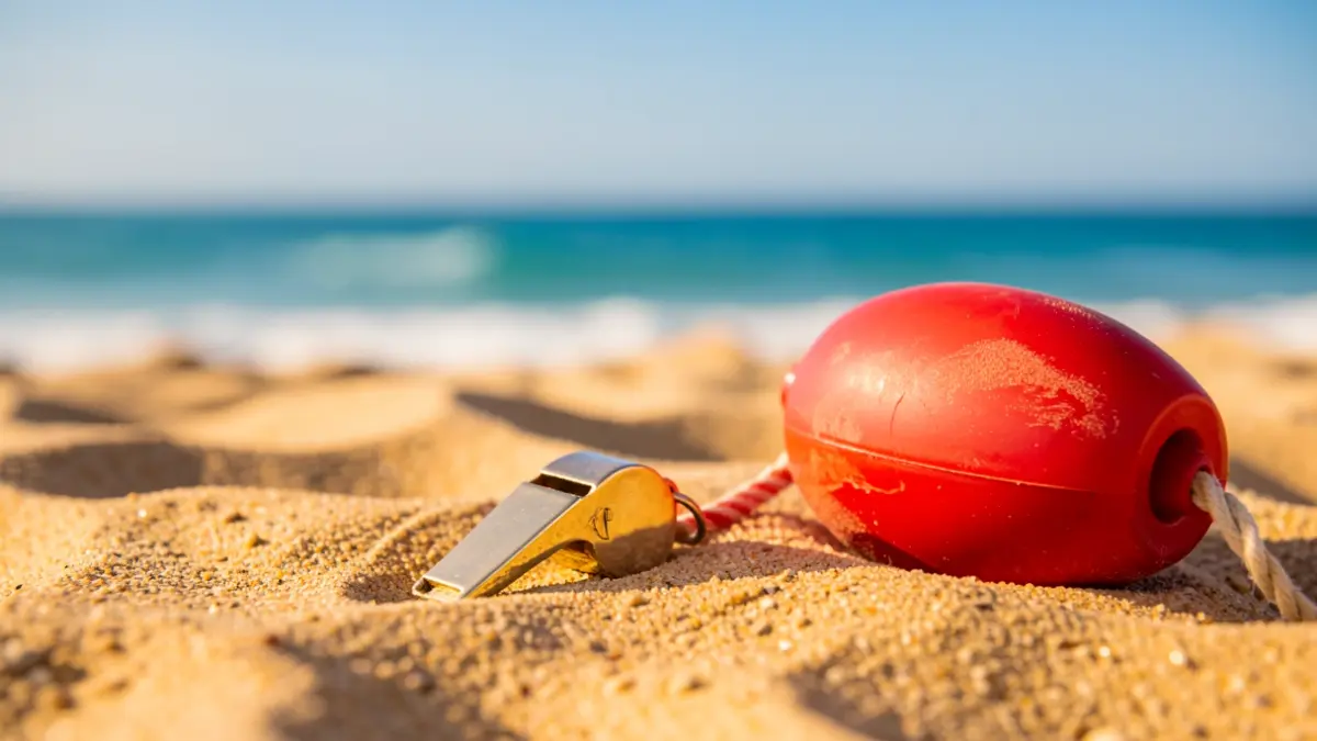 Lifeguard's whistle and rescue buoy on golden sand.