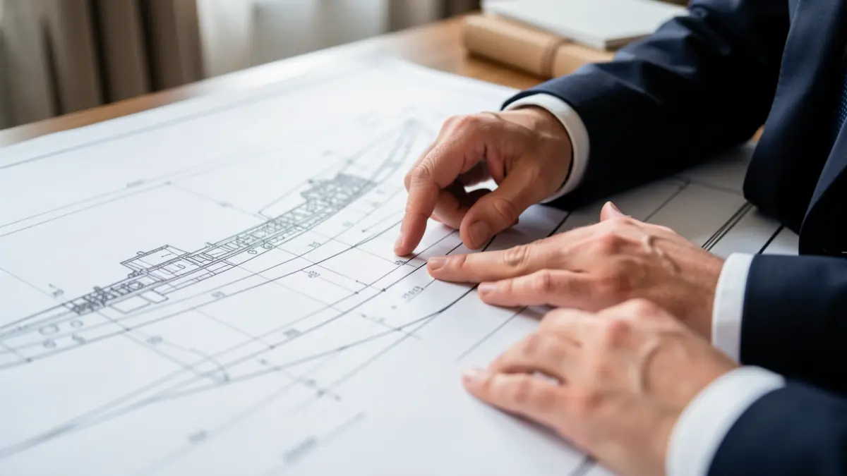 Close-up of a naval design blueprint with hands pointing to technical details.