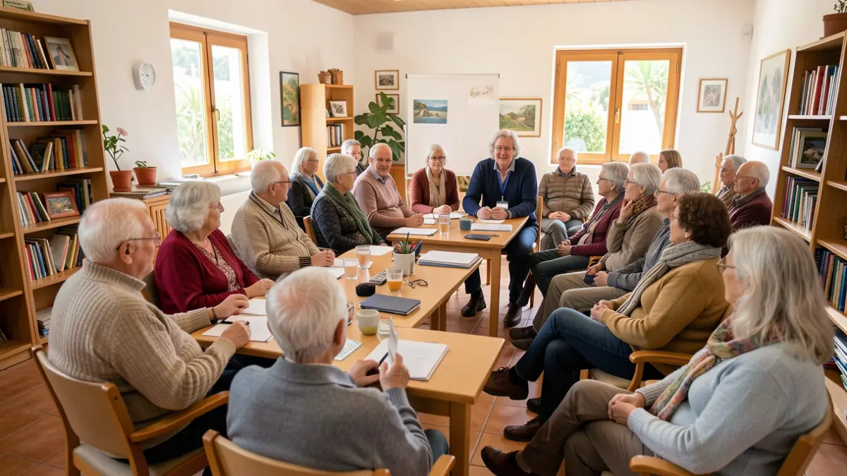 Elderly people participating in a cognitive stimulation workshop in El Hierro.