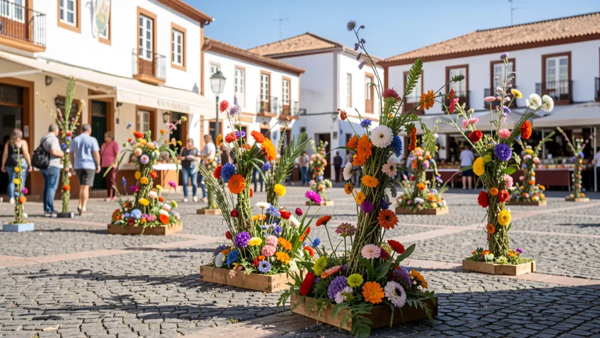Esculturas efímeras de flores y plantas naturales expuestas en la calle en Tacoronte.