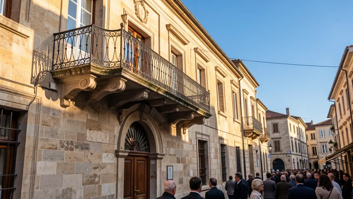 Facade of a traditional Canarias town hall with balcony and iron railings, warm afternoon sunlight.