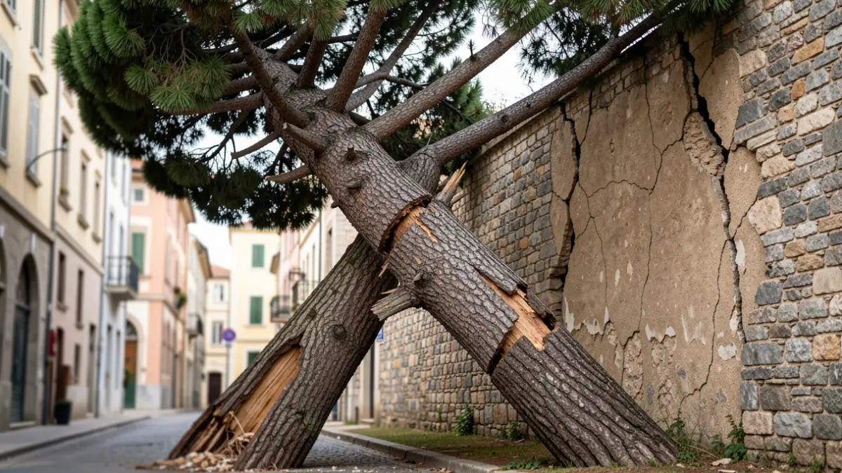 Canary Island pine tree with a leaning trunk and cracks, at risk of falling onto a street and nearby homes in Santa Brígida.