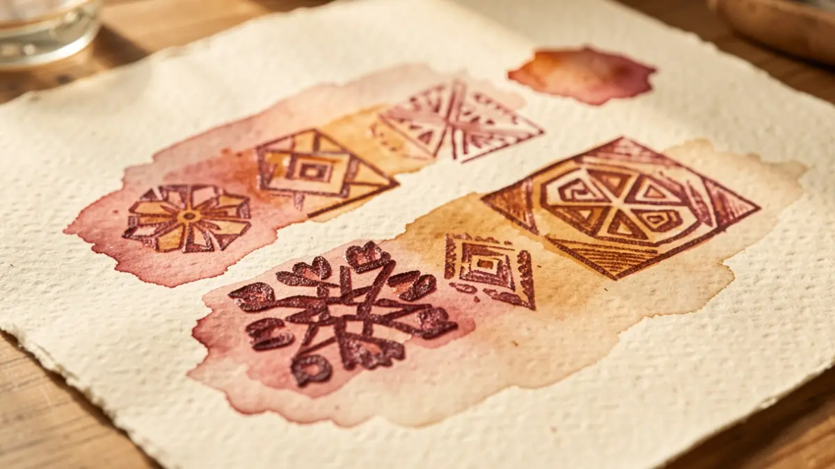 Close-up of natural cochineal dye stains and handcrafted stamps inspired by geometric patterns from Mexico and the Canary Islands on watercolor paper.