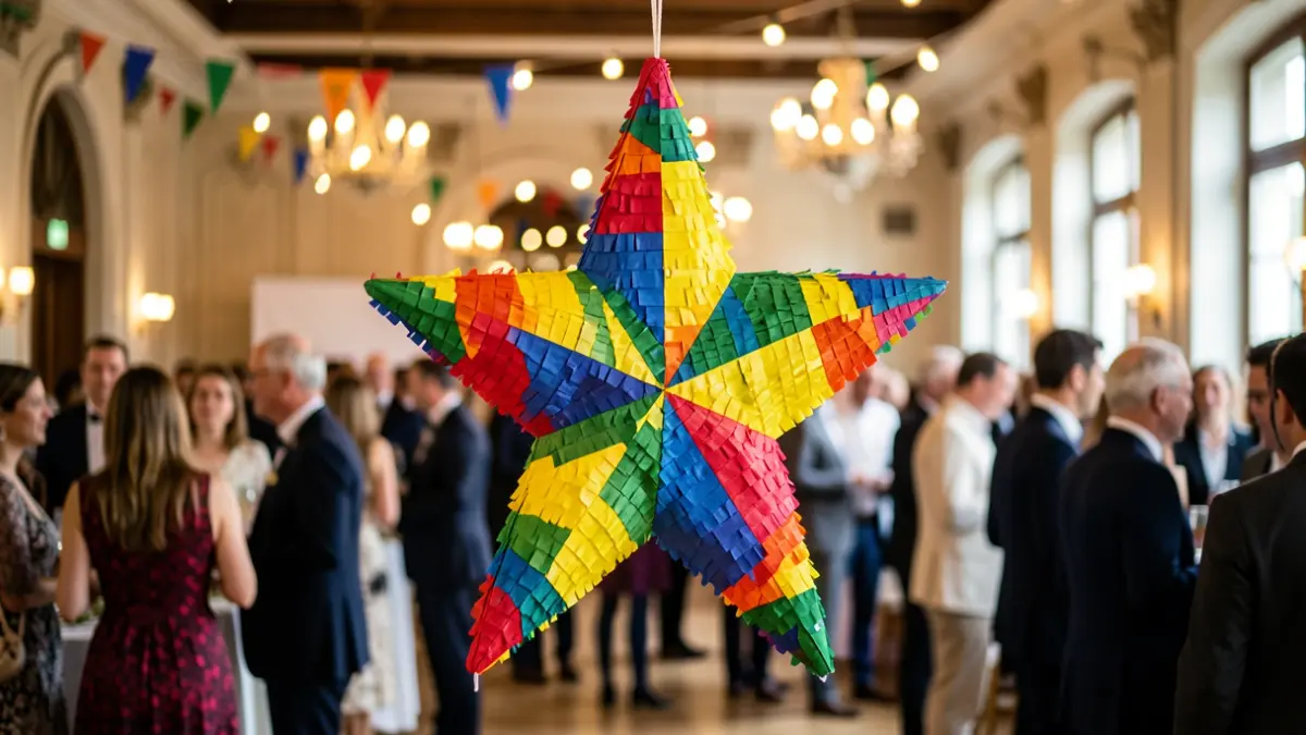 Imagen de una piñata mexicana tradicional de estrella, colorida y festiva, en un taller cultural.