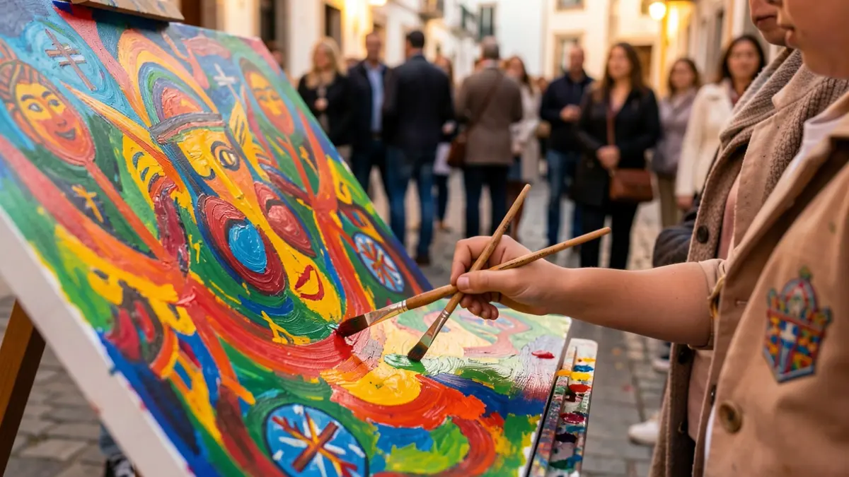 Child's hands painting with intense colors inspired by Antonio Padrón's work.