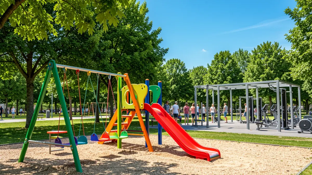 Imagen genérica de un parque infantil y zona biosaludable en buen estado.
