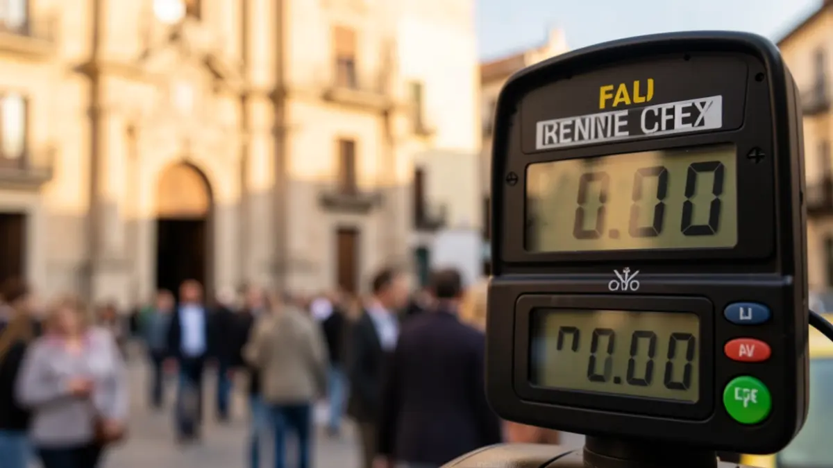Close-up of a taxi meter with a blurred background of a Canary Islands town hall facade.
